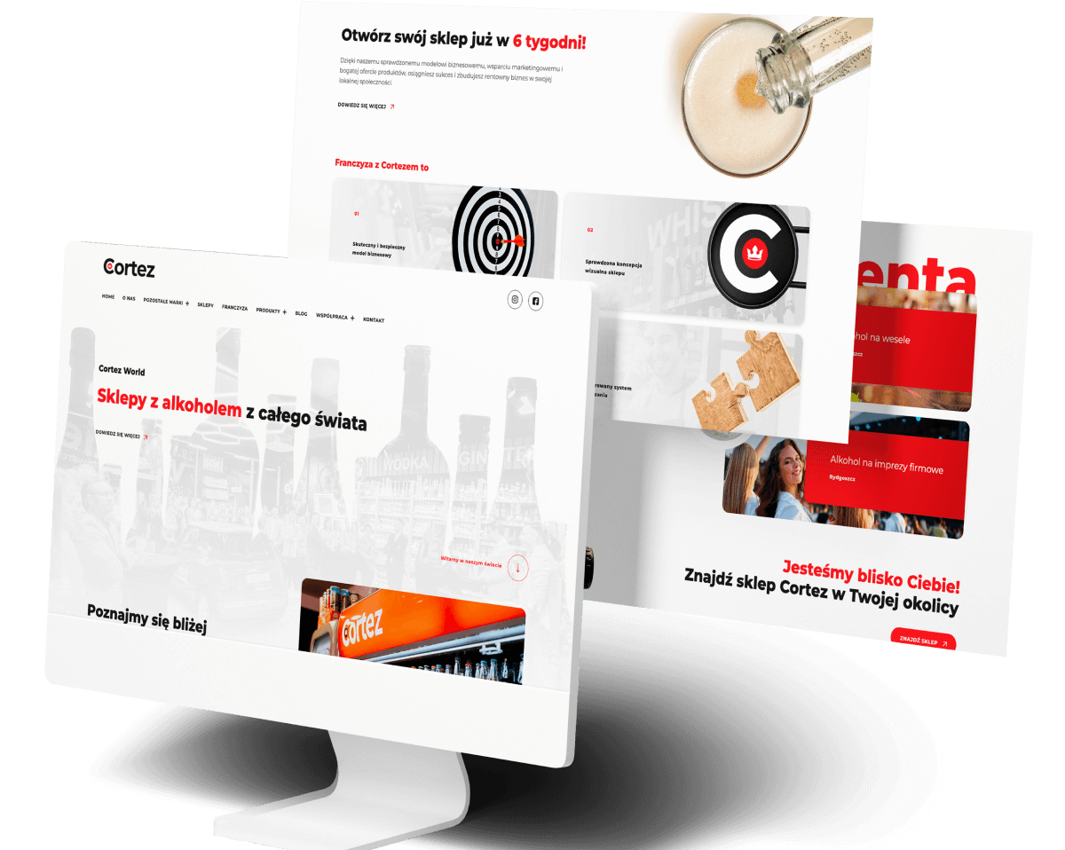Monitor z wyświetloną stroną internetową sieci sklepów z alkoholem Cortez oraz fragmentami innych zakładek.