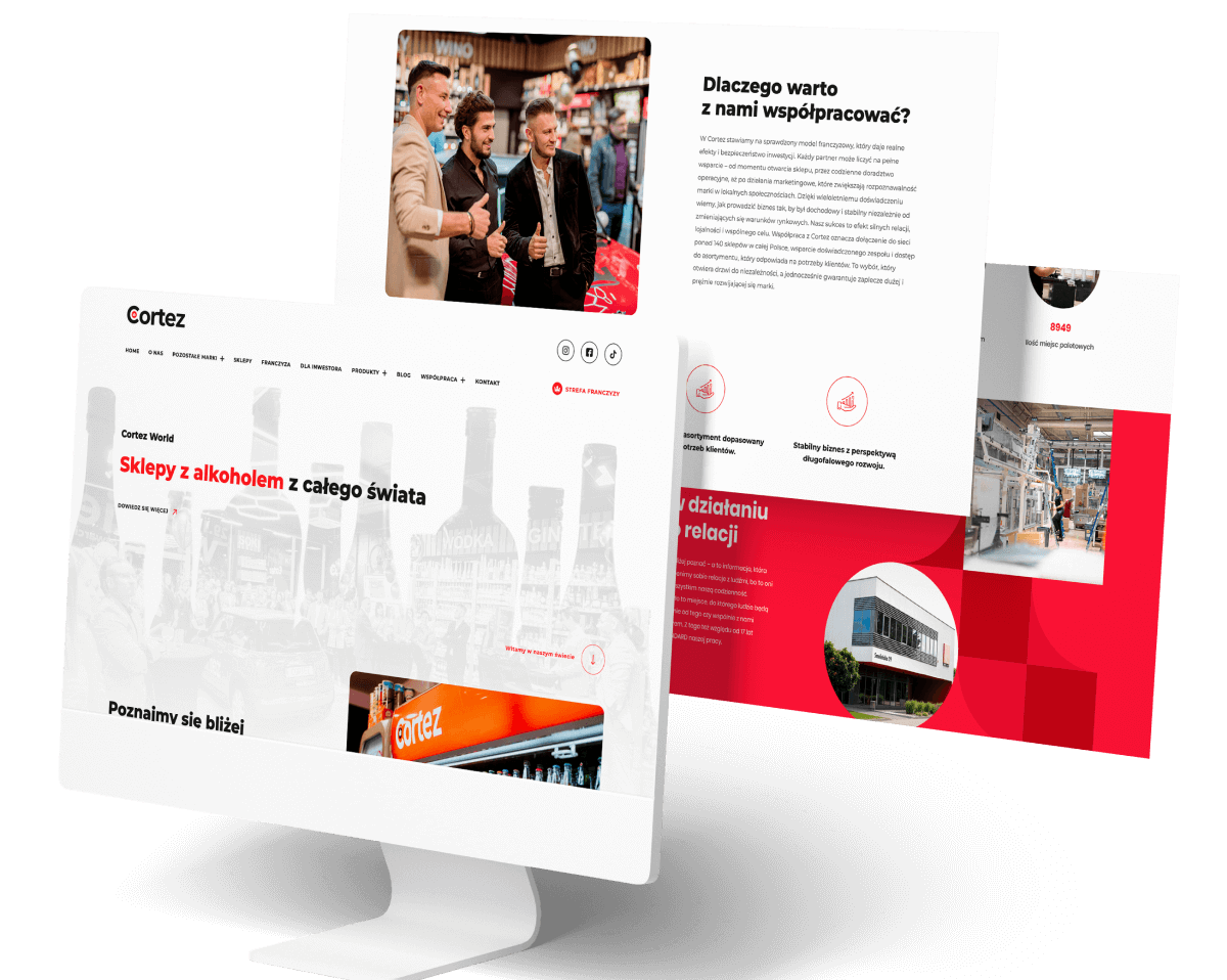 Wizualizacja strony internetowej firmy Cortez oferującej sklepy z alkoholem oraz informacje o franczyzie.