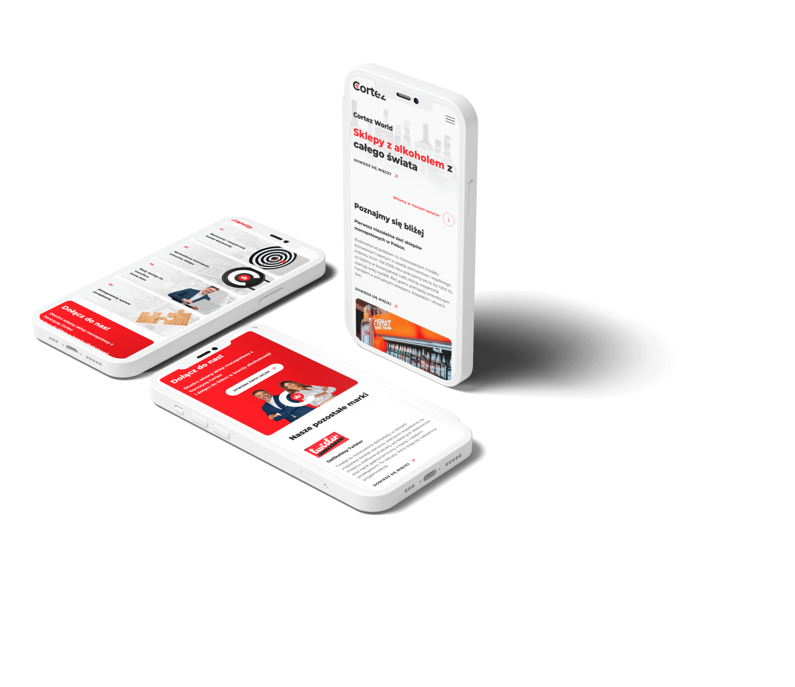 Trzy smartfony wyświetlające stronę internetową sklepu z alkoholem Cortez na czarnym tle.