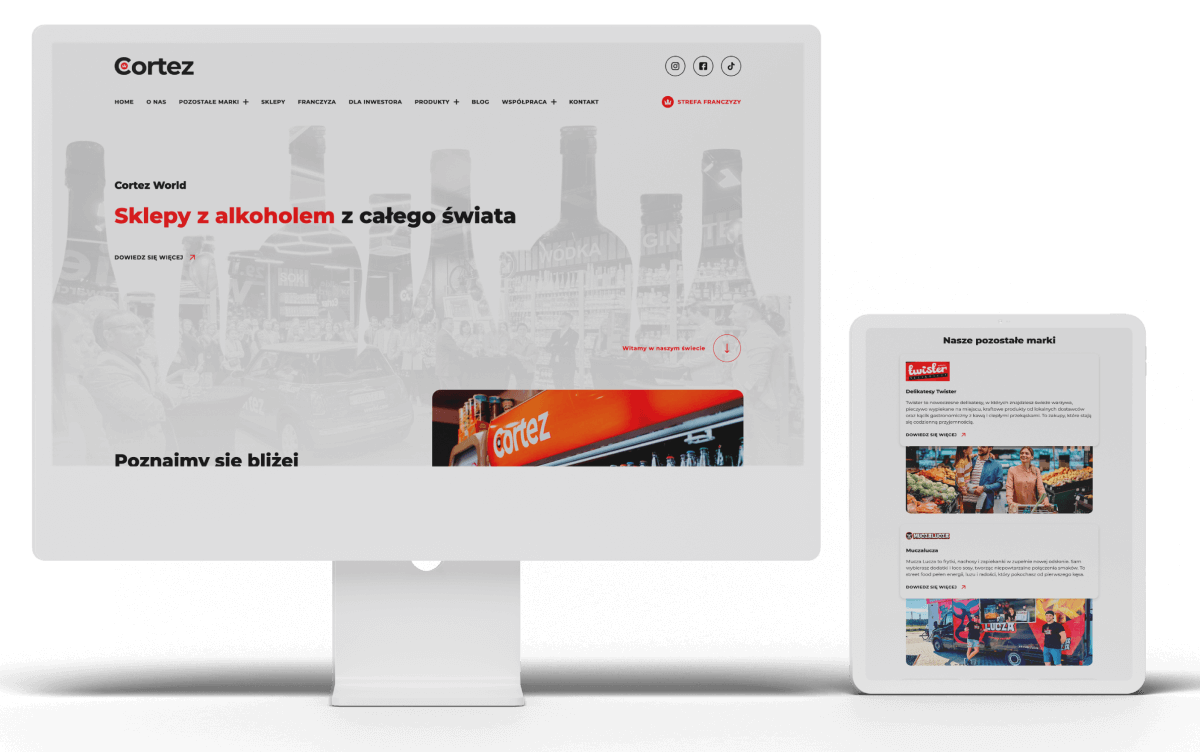 Ekran komputera i tabletu z wyświetloną stroną internetową sklepu z alkoholem Cortez.