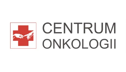 Logo Centrum Onkologii z czerwonym krzyżem i sylwetkami dwóch rąk oraz napisem obok.