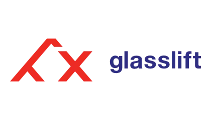 Czerwono-niebieskie logo z napisem „glasslift” obok abstrakcyjnego symbolu.