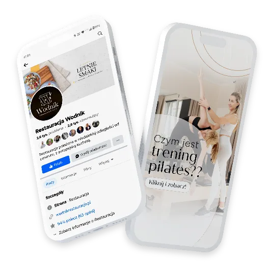 Dwa telefony, na jednym profil restauracji, na drugim reklama treningu pilates z ćwiczącymi kobietami.