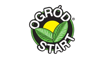 Logo z napisem "OGRÓD START", zielonymi liśćmi i żółtym słońcem w tle.