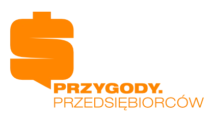 Pomarańczowe logo z symbolem dolara i napisem „Przygody Przedsiębiorców”.
