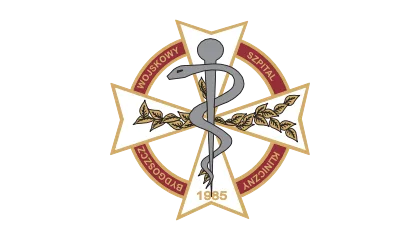 Emblemat wojskowego szpitala z krzyżem, wężem Eskulapa i gałązką oliwną.