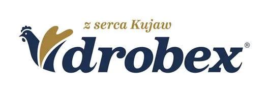 Logo firmy Drobex z motywem kury i napisem "z serca Kujaw".