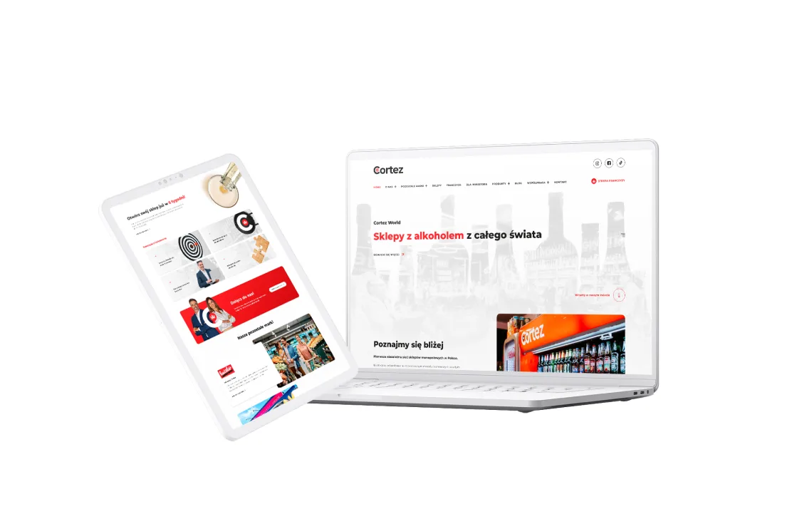 Tablet i laptop prezentujące stronę internetową sieci sklepów Cortez z alkoholem.