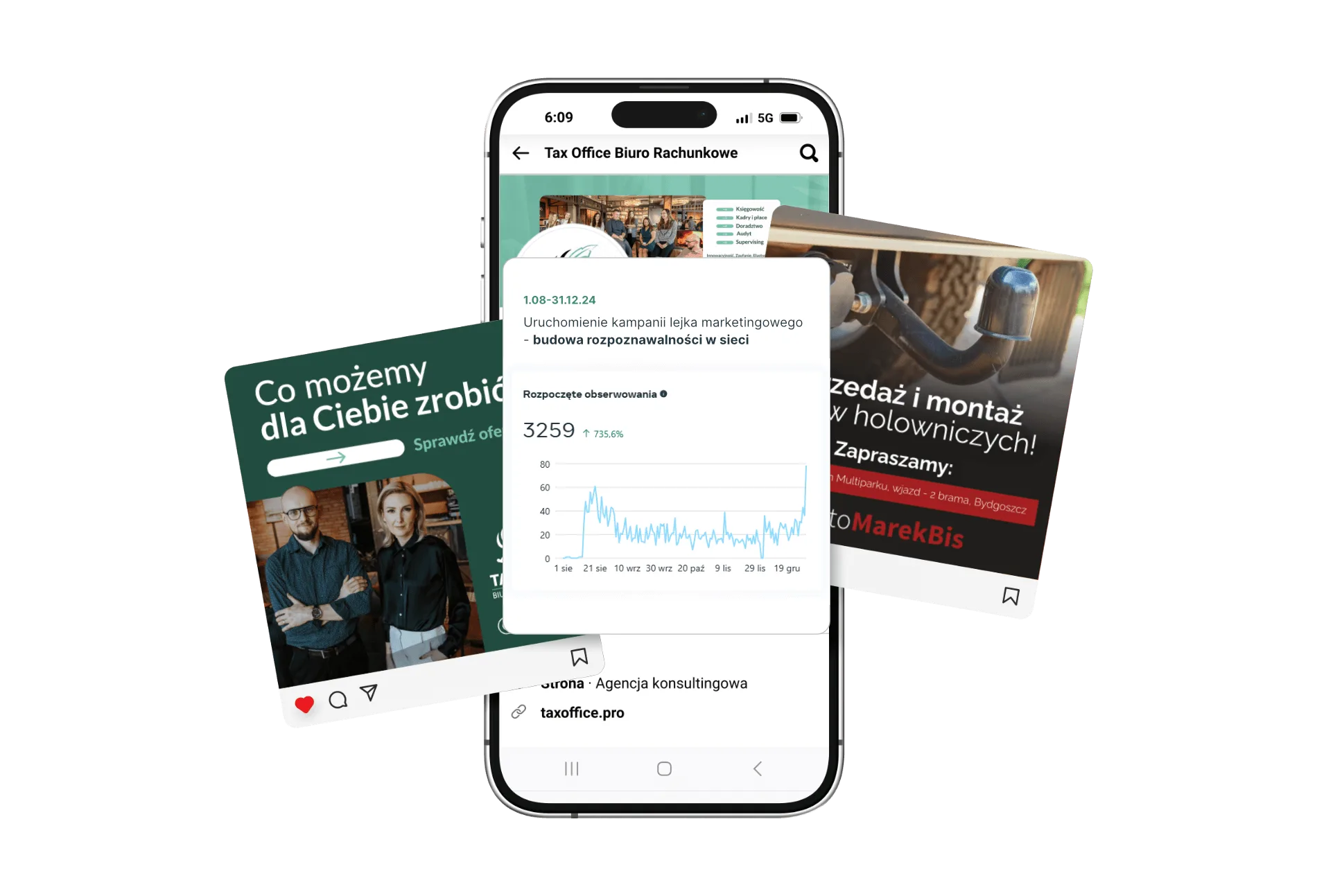 Telefon z aplikacją pokazującą statystyki marketingowe i przykłady kampanii reklamowych w sieci.