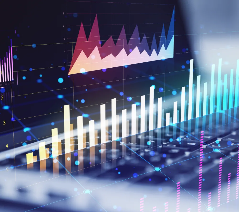 Wielokolorowe wykresy słupkowe i liniowe prezentujące analizę danych na tle cyfrowym.