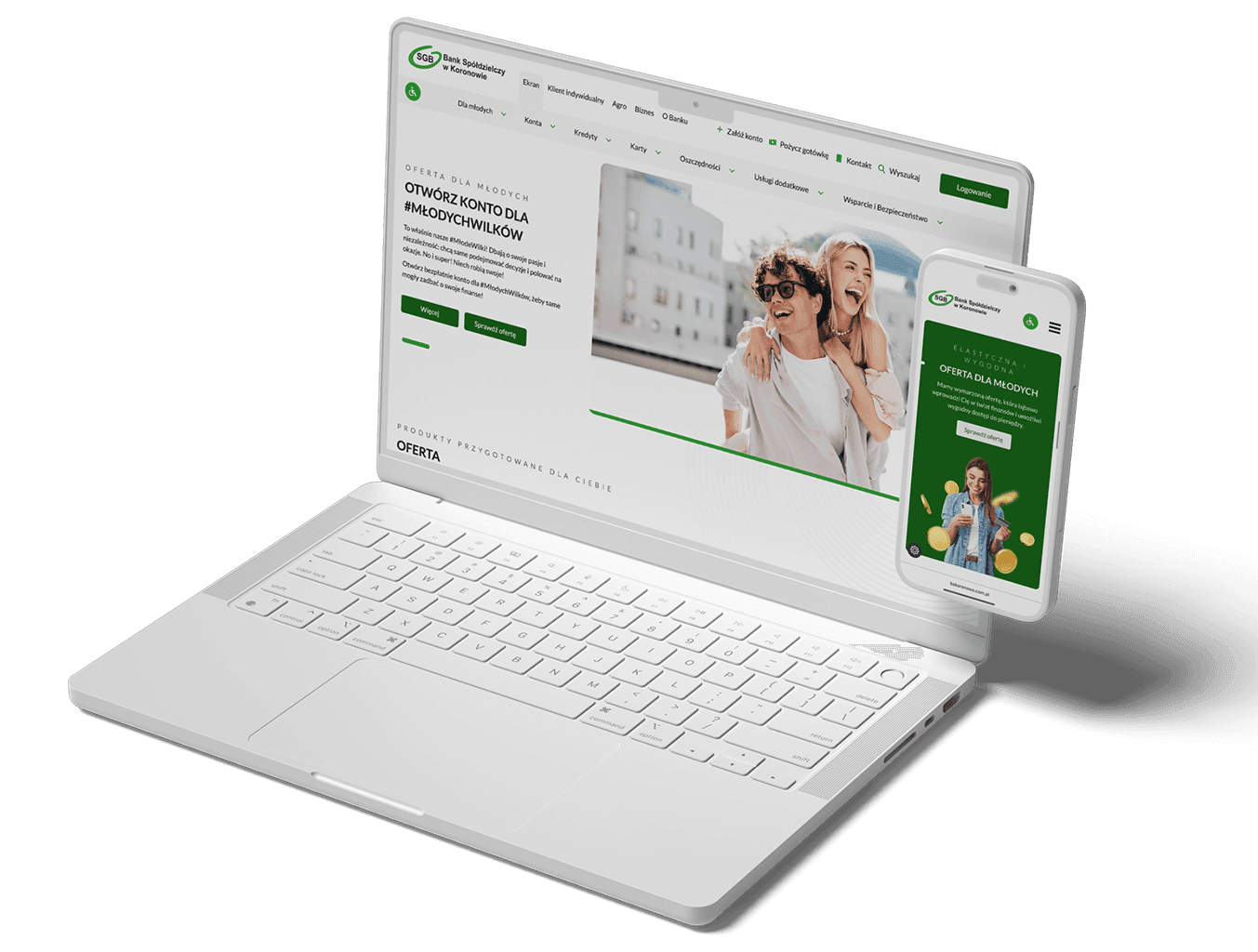 Laptop i smartfon z otwartą stroną banku prezentującą ofertę konta dla młodych klientów.
