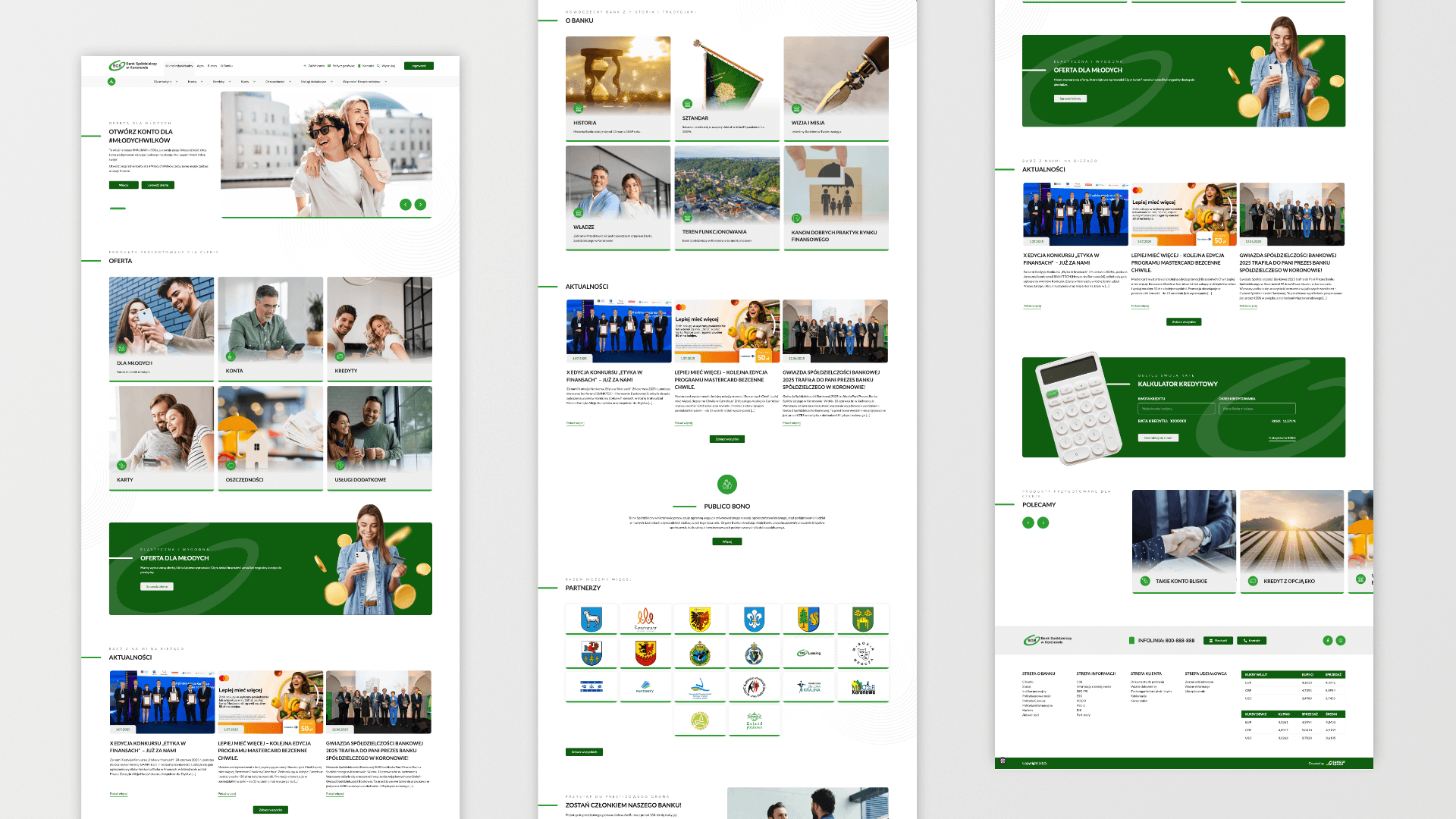 Trzy podstrony bankowej strony internetowej z ofertą, aktualnościami i informacjami o banku.