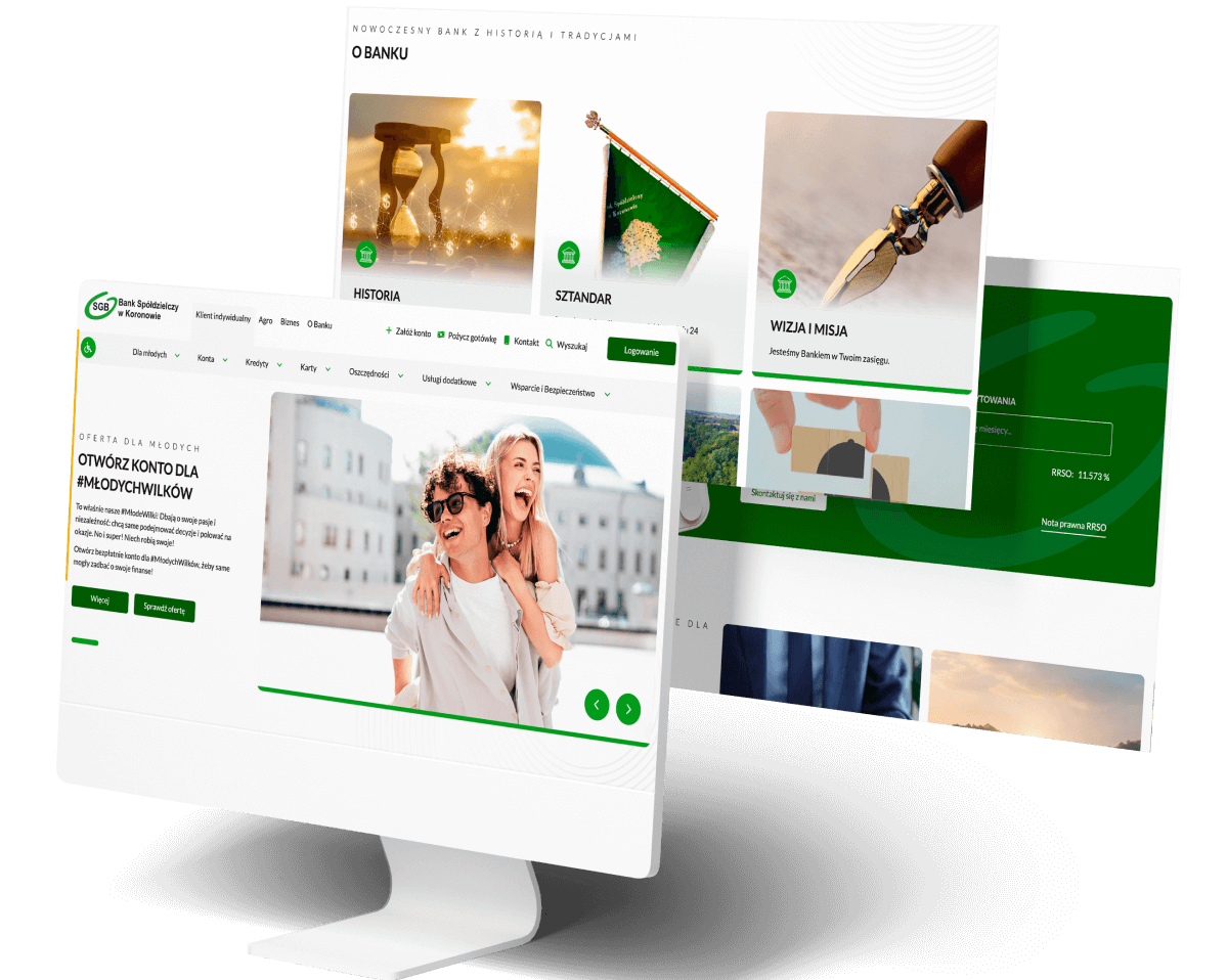Ekran komputera z wyświetloną stroną internetową banku spółdzielczego, oferta dla młodych.