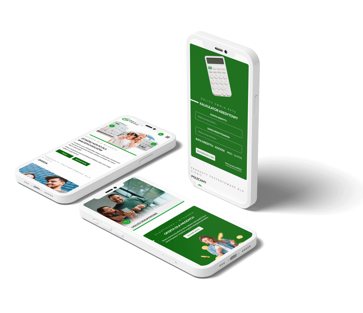 Trzy smartfony z wyświetlonymi stronami bankowymi, w tym kalkulator kredytowy i oferta pożyczki.