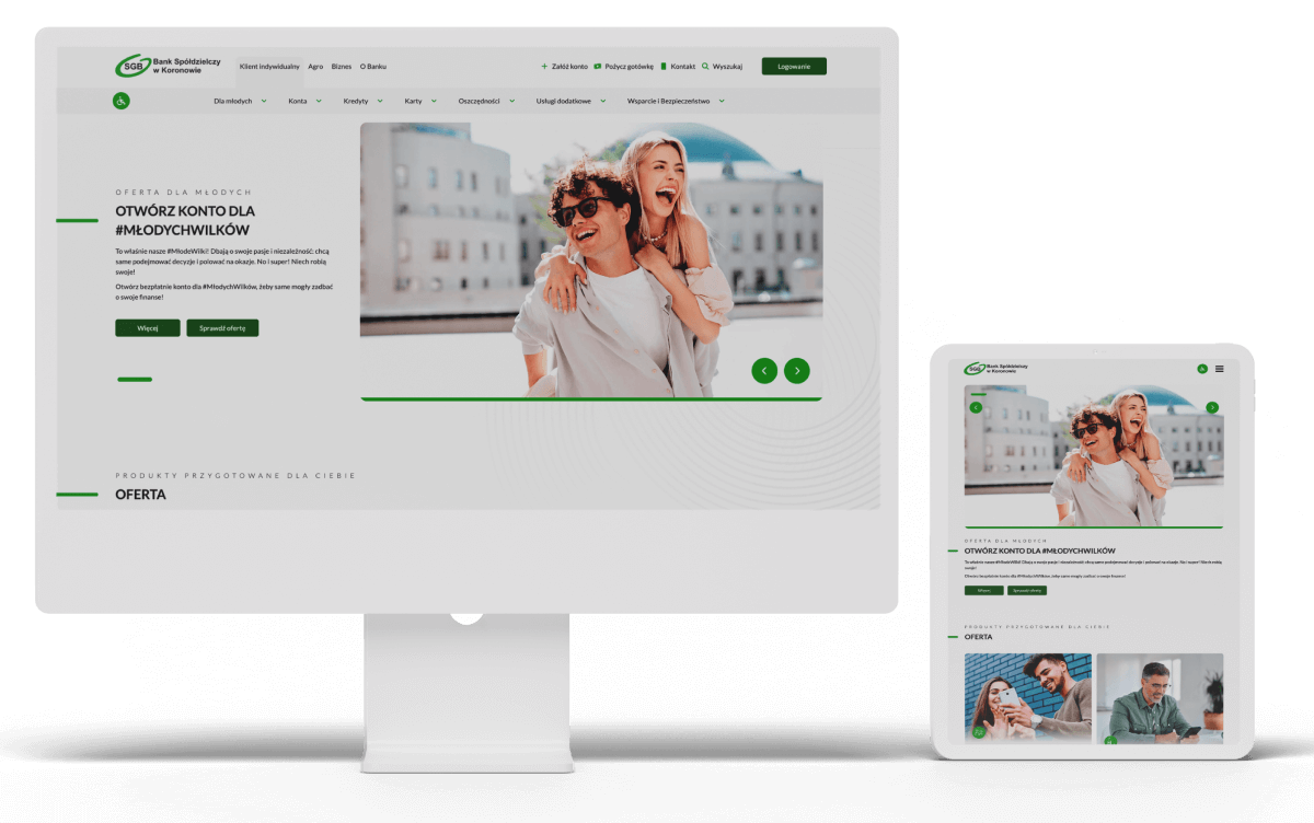 Strona internetowa banku z ofertą konta dla młodzieży, widok na komputerze i tablecie.