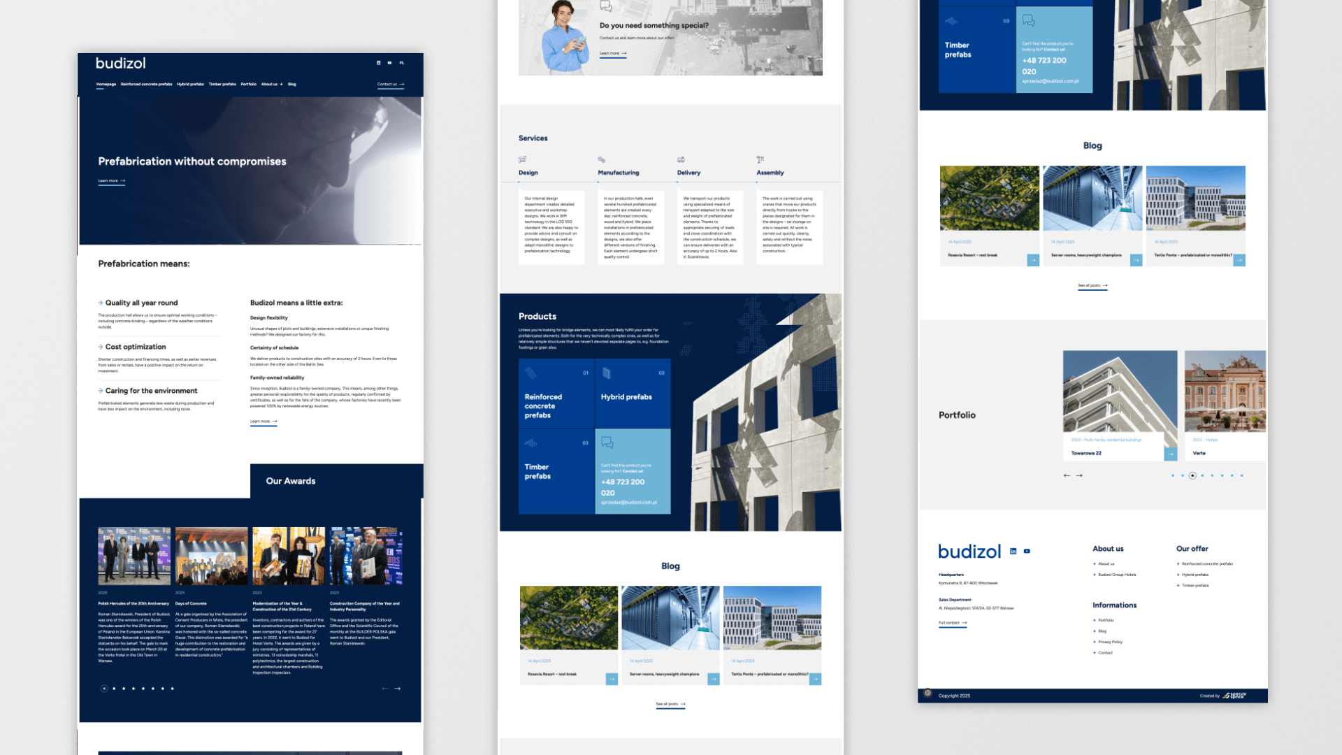 Trzy widoki projektu strony internetowej firmy budowlanej Budizol, prezentujące ofertę i portfolio.
