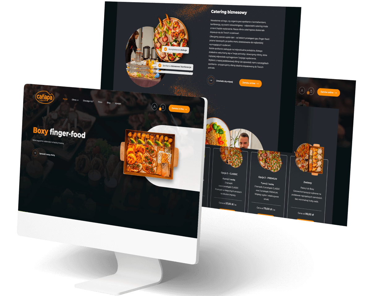 Strona internetowa firmy cateringowej oferującej zestawy finger-food, widok oferty i menu.