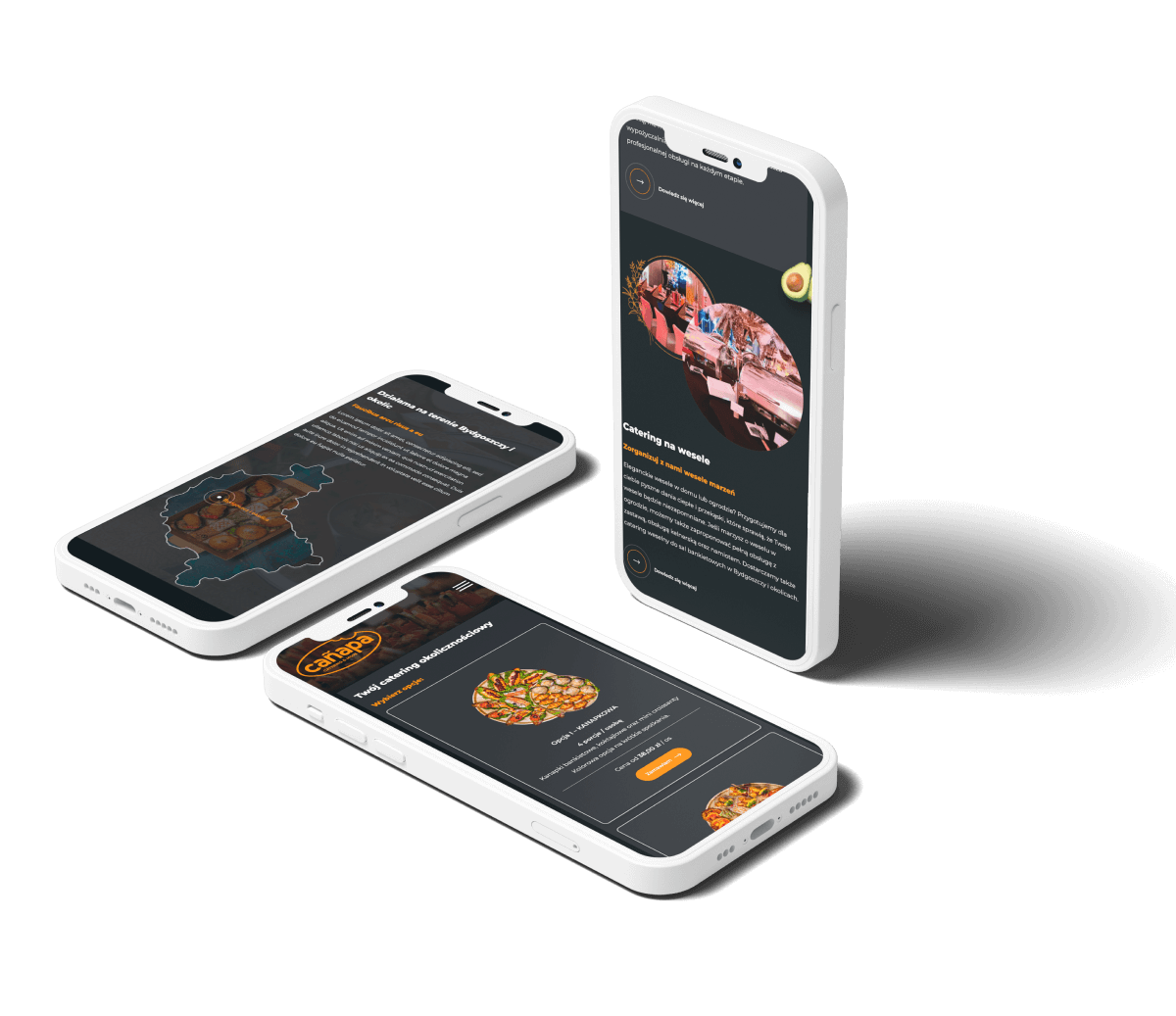 Trzy smartfony z wyświetlonymi stronami o cateringu na ciemnym tle.