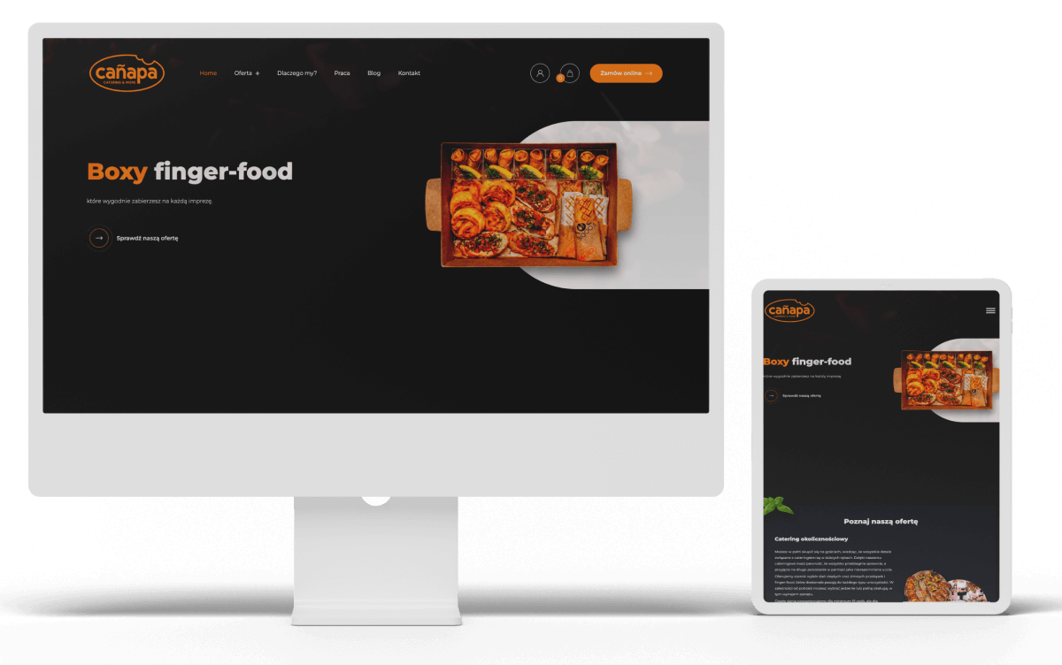 Strona internetowa cateringu z ofertą boxów finger-food wyświetlona na komputerze i tablecie.