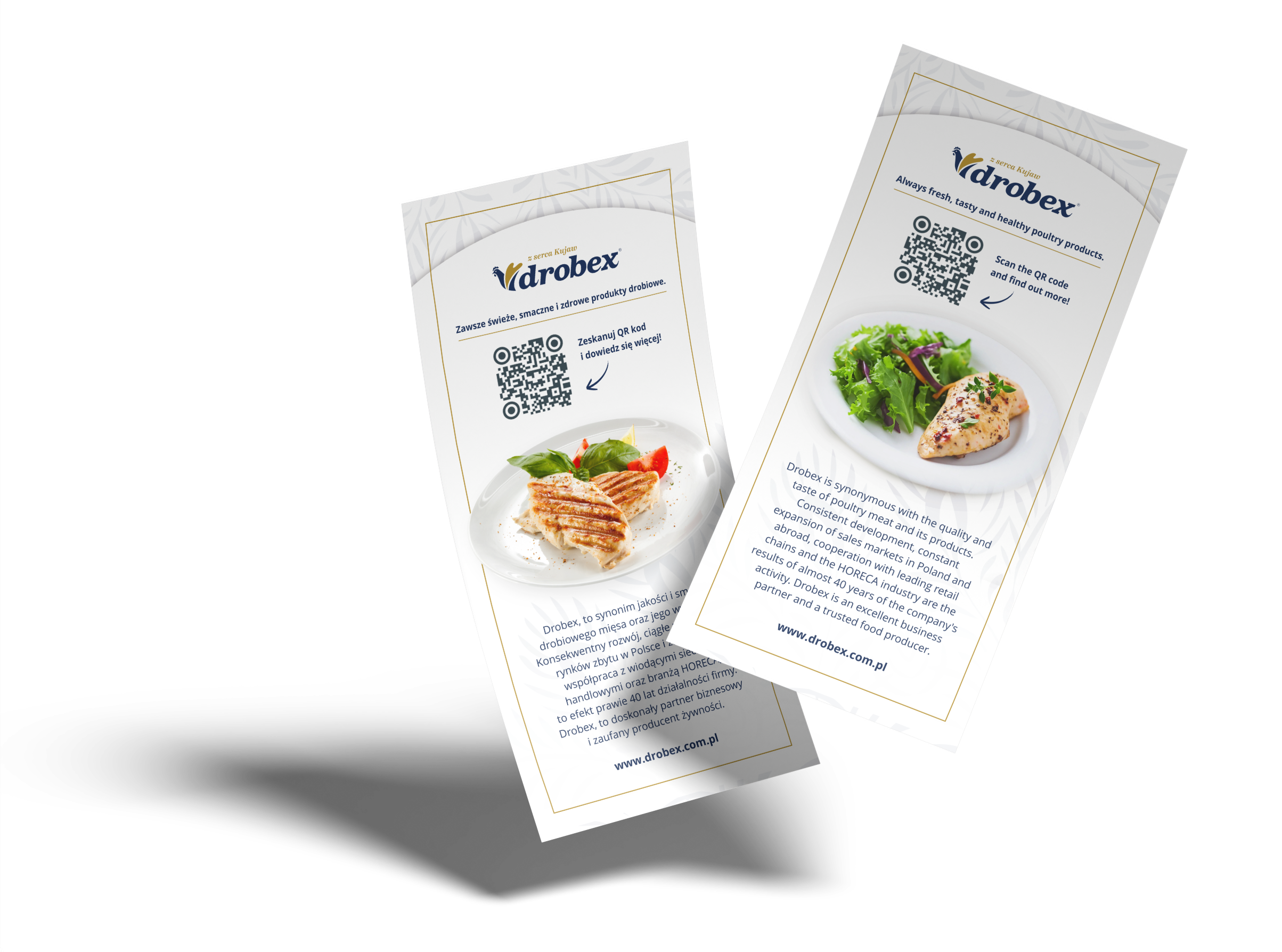 Dwa ulotki firmowe Drobex z kodem QR i zdjęciami dań z kurczakiem na białych talerzach.