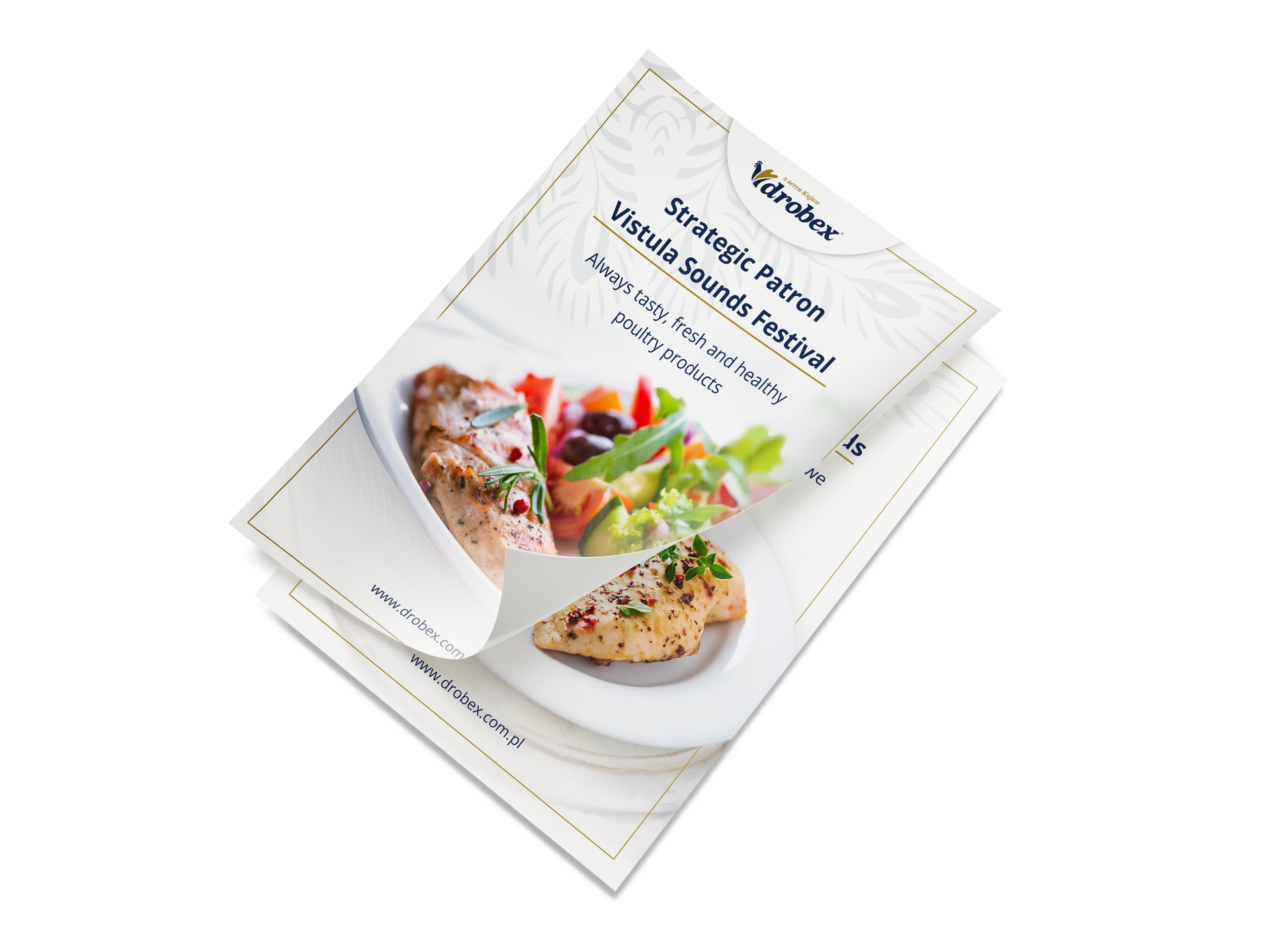 Ulotka reklamowa Drobex z daniem z kurczakiem i warzywami na białym talerzu.