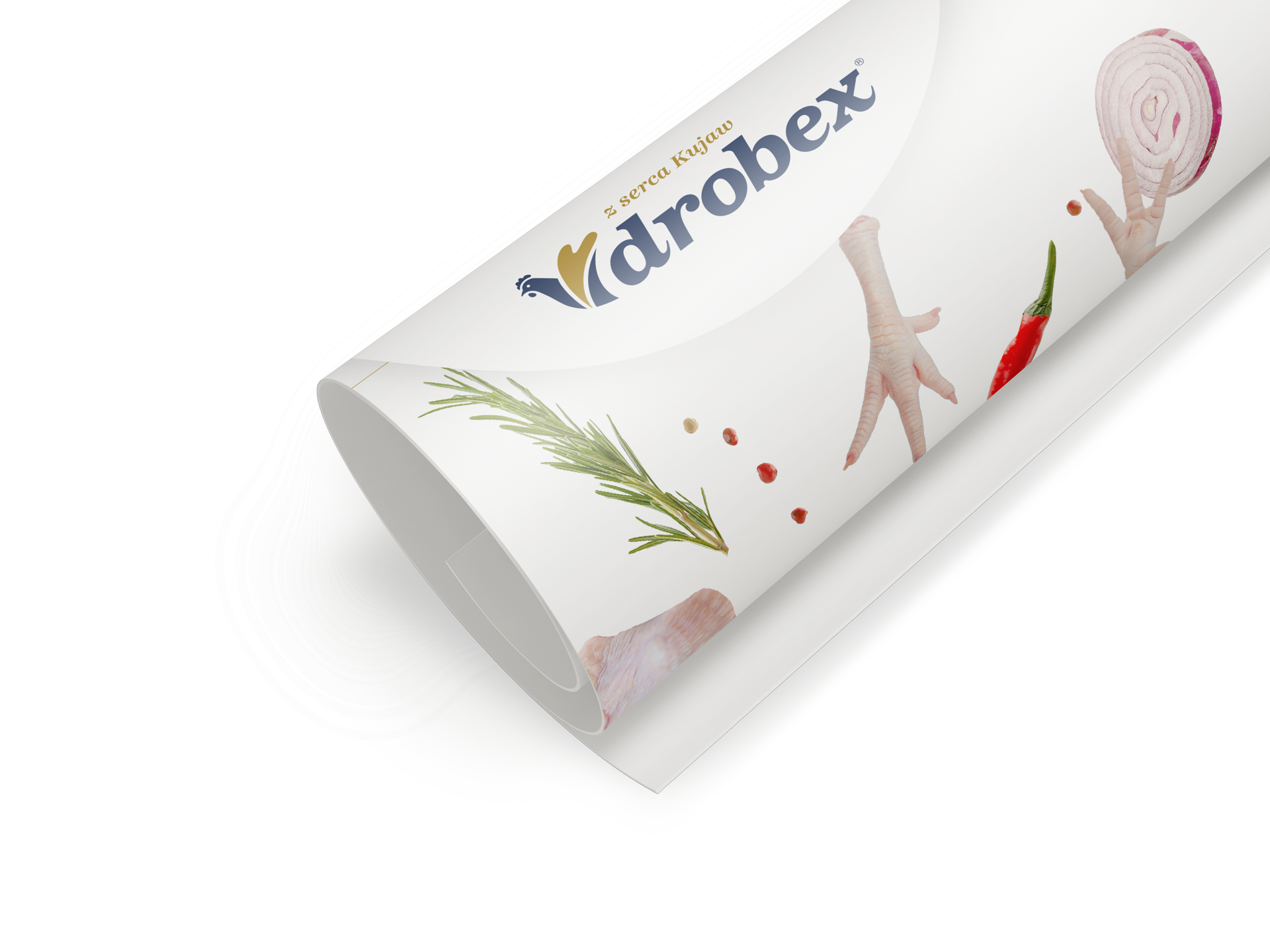 Rolka papieru z logo "Drobex", grafiką kurzej łapki, ziół, cebuli i papryczki na opakowaniu.