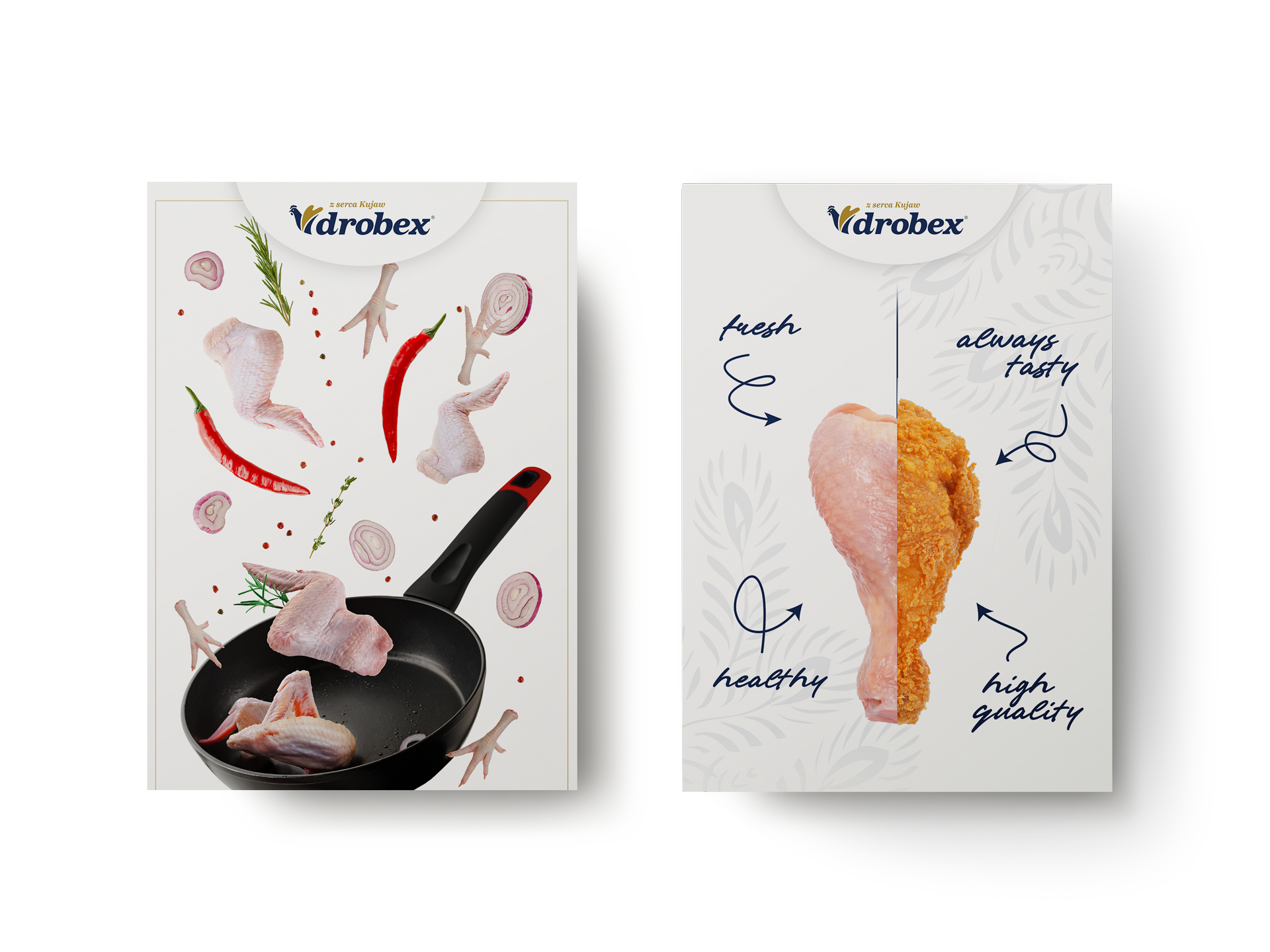 Opakowanie skrzydełek drobiowych Vdropex z ilustracjami surowych i smażonych skrzydełek oraz przypraw.