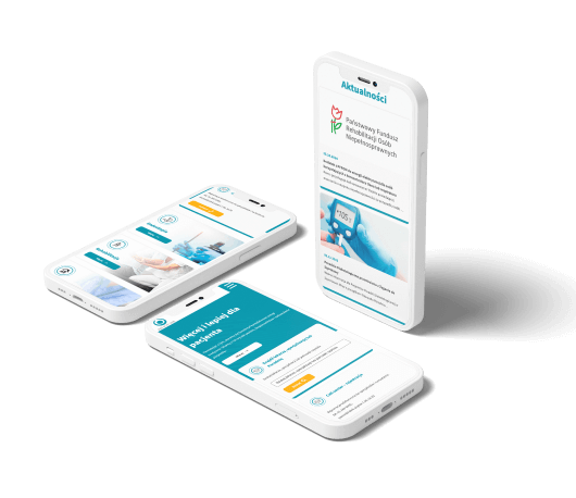 Trzy smartfony z aplikacją medyczną wyświetlającą informacje i formularze zdrowotne.