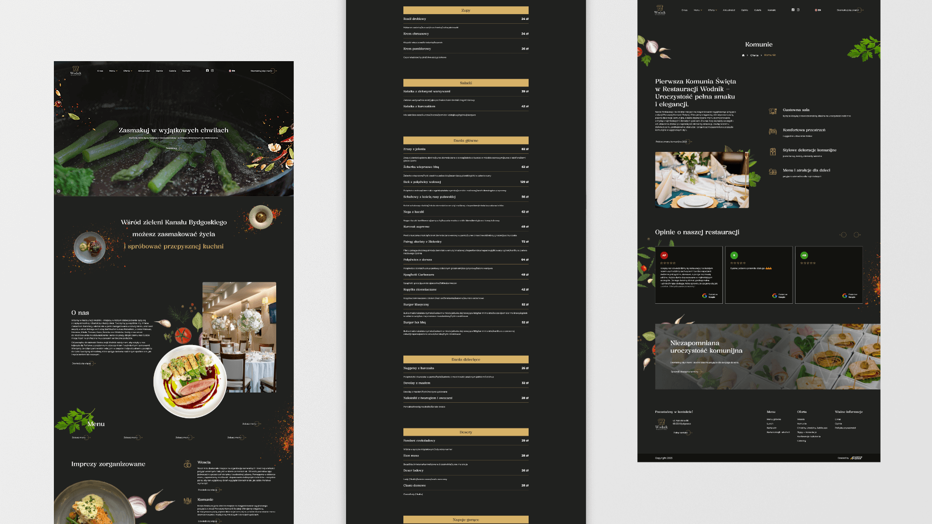 Trzy widoki strony internetowej restauracji z menu, ofertą komunii i zdjęciami dań oraz wnętrza.