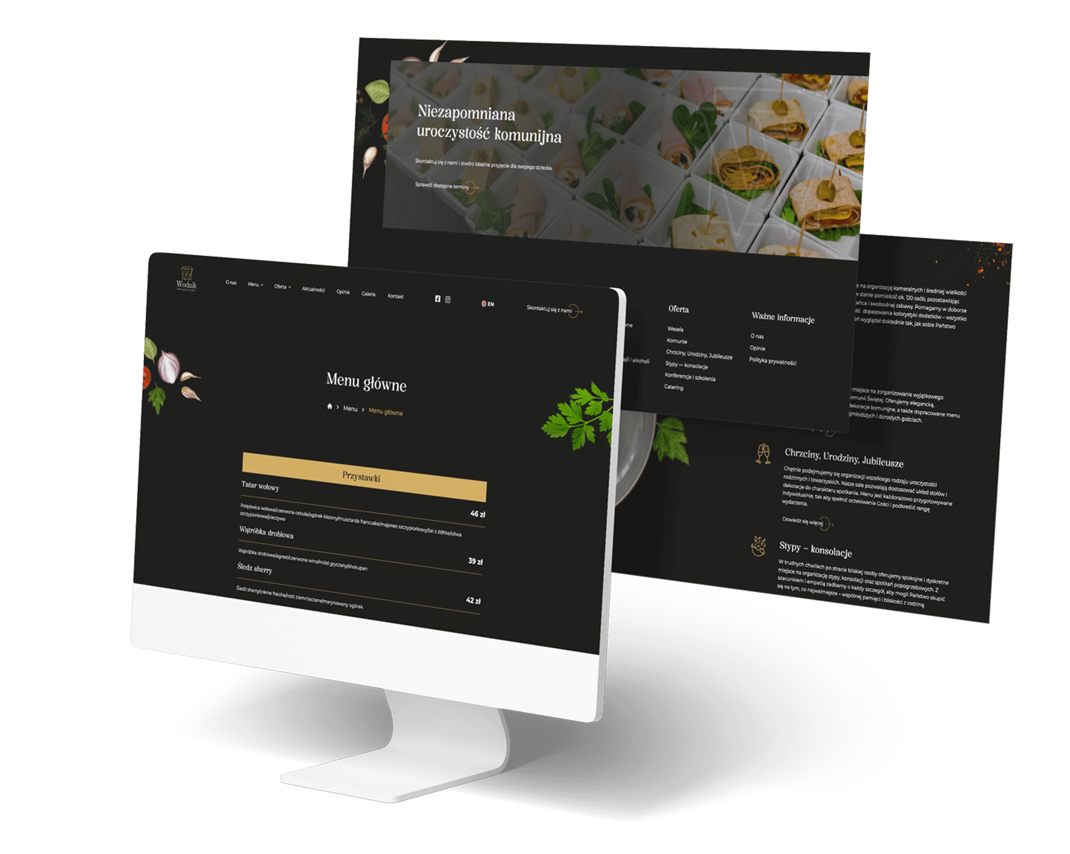 Monitor z wyświetloną stroną restauracji; widoczne menu główne oraz oferta cateringowa.