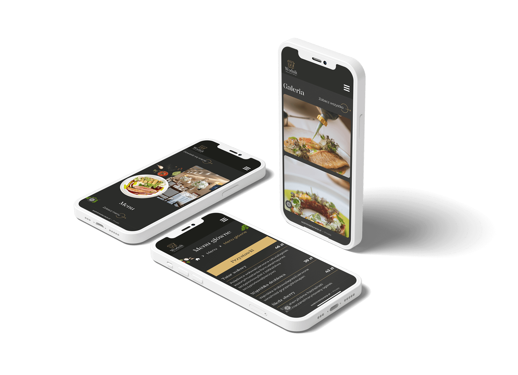 Trzy smartfony pokazujące aplikację restauracji z menu i zdjęciami dań na ekranach.