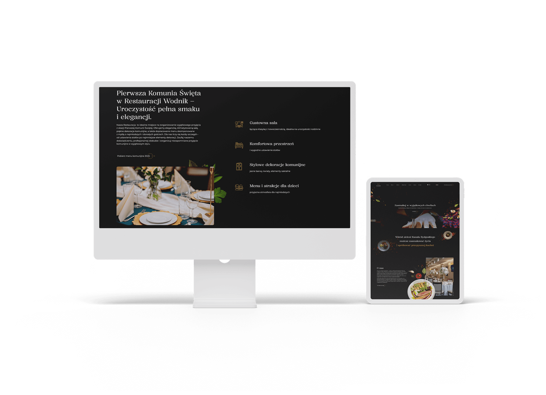 Monitor i tablet prezentujące stronę restauracji z ofertą na Pierwszą Komunię Świętą.