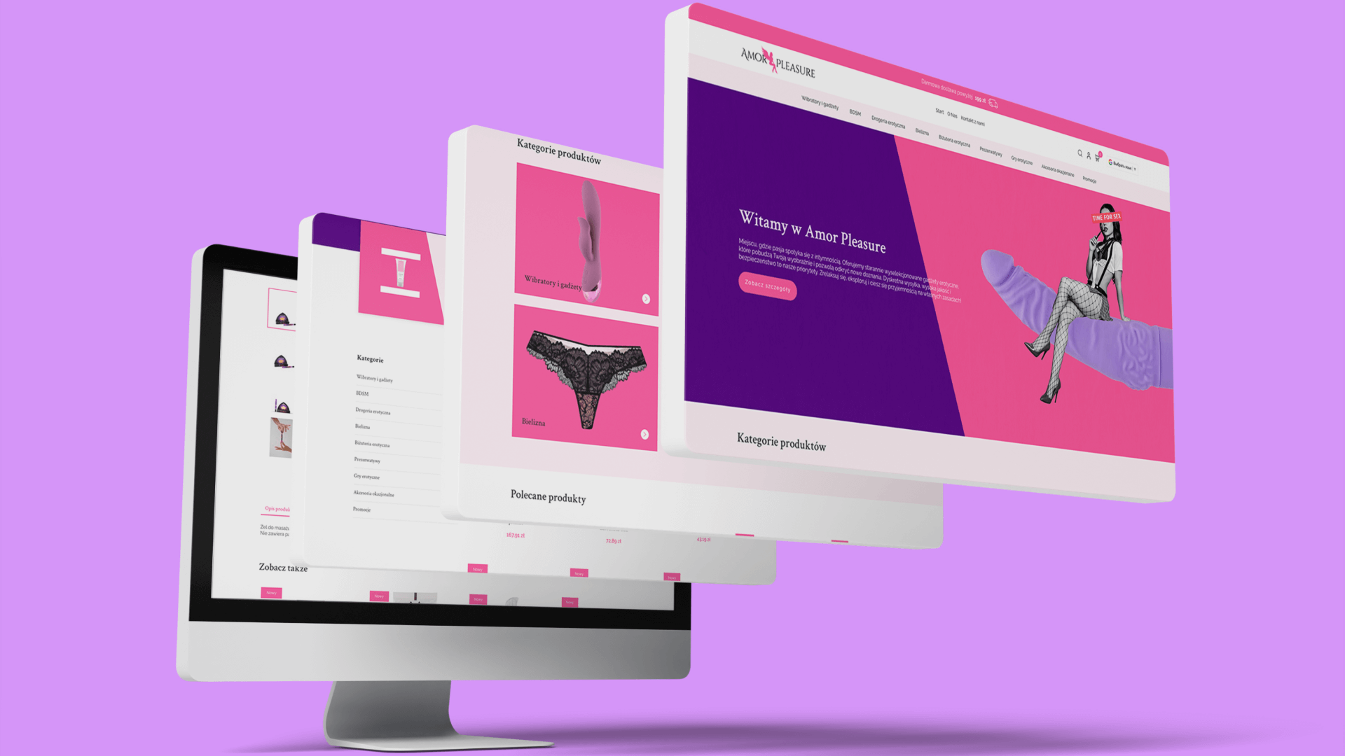 Trzy ekrany komputera z kolorową stroną sklepu erotycznego na fioletowym tle.