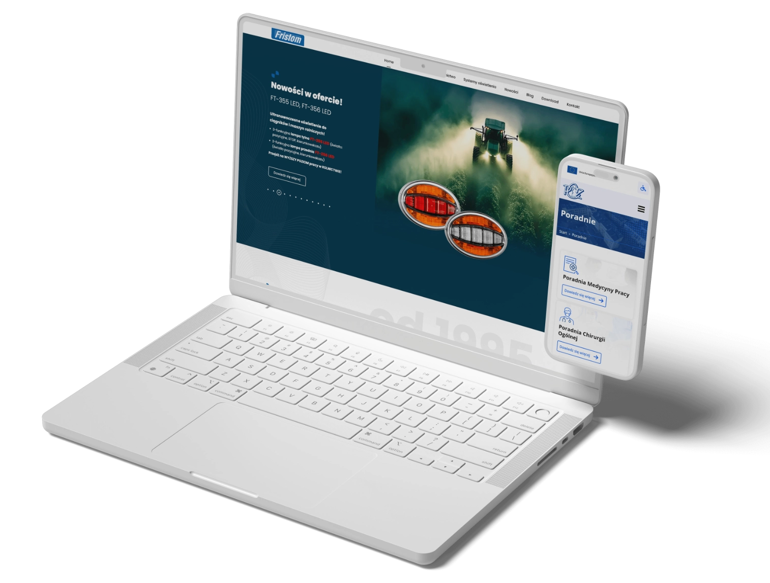 Biały laptop i smartfon wyświetlające różne strony internetowe na ekranach.