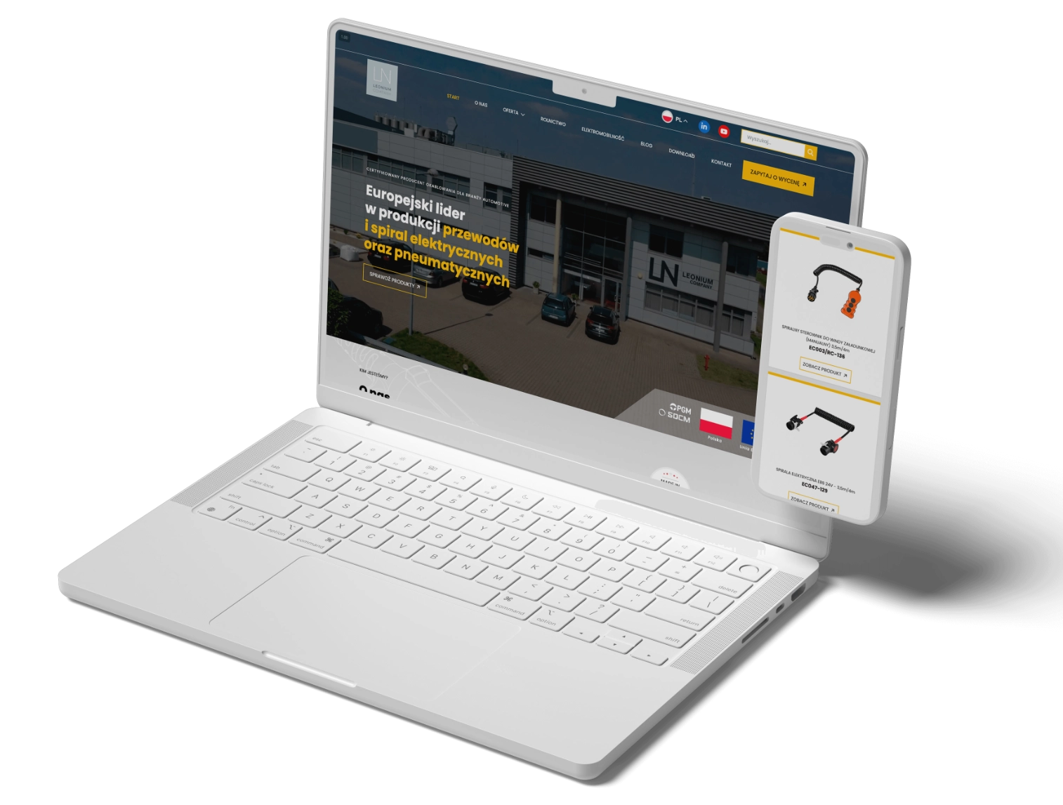 Biały laptop i smartfon prezentują stronę internetową firmy produkującej przewody i spirale.