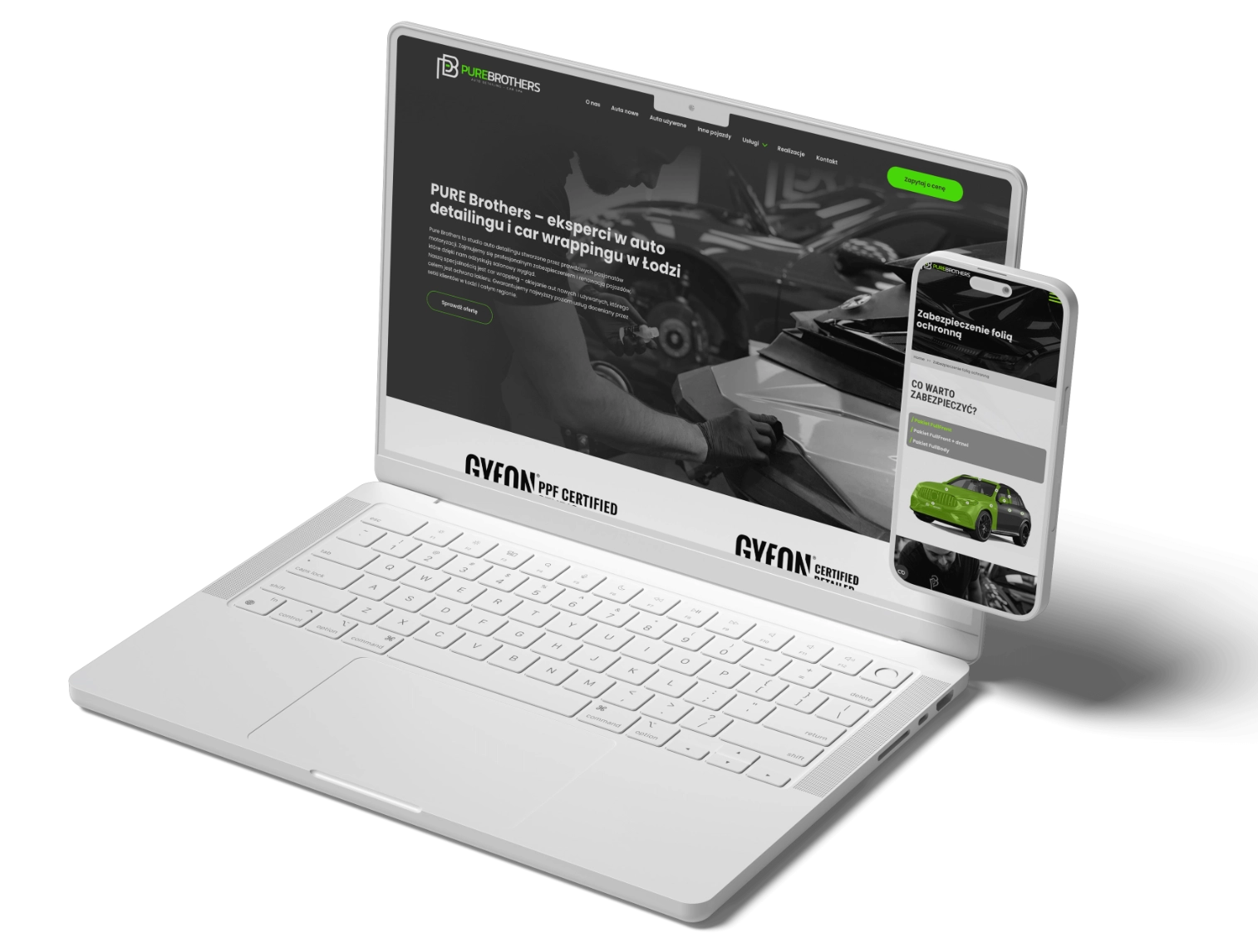 Laptop i smartfon z wyświetloną stroną internetową firmy zajmującej się auto detailingiem.