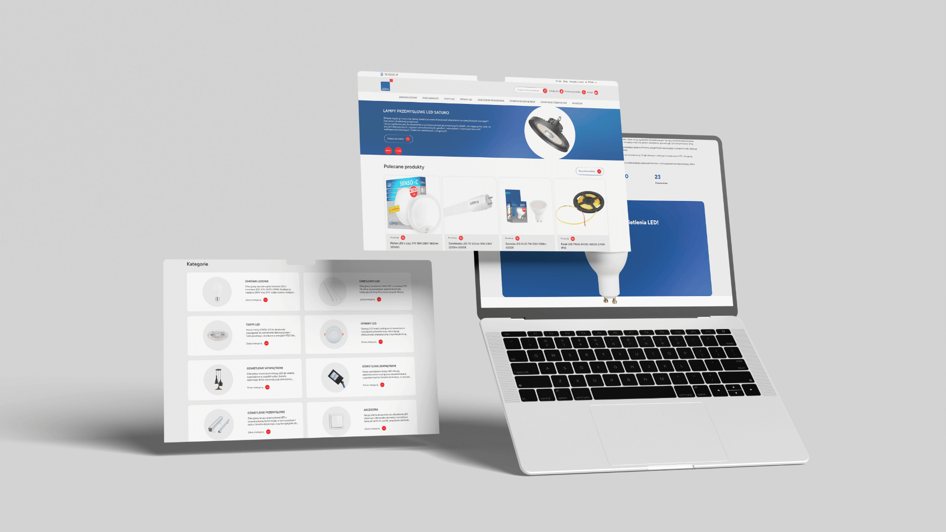 Laptop z wyświetloną stroną sklepu internetowego z oświetleniem LED oraz przykładowymi kategoriami produktów.