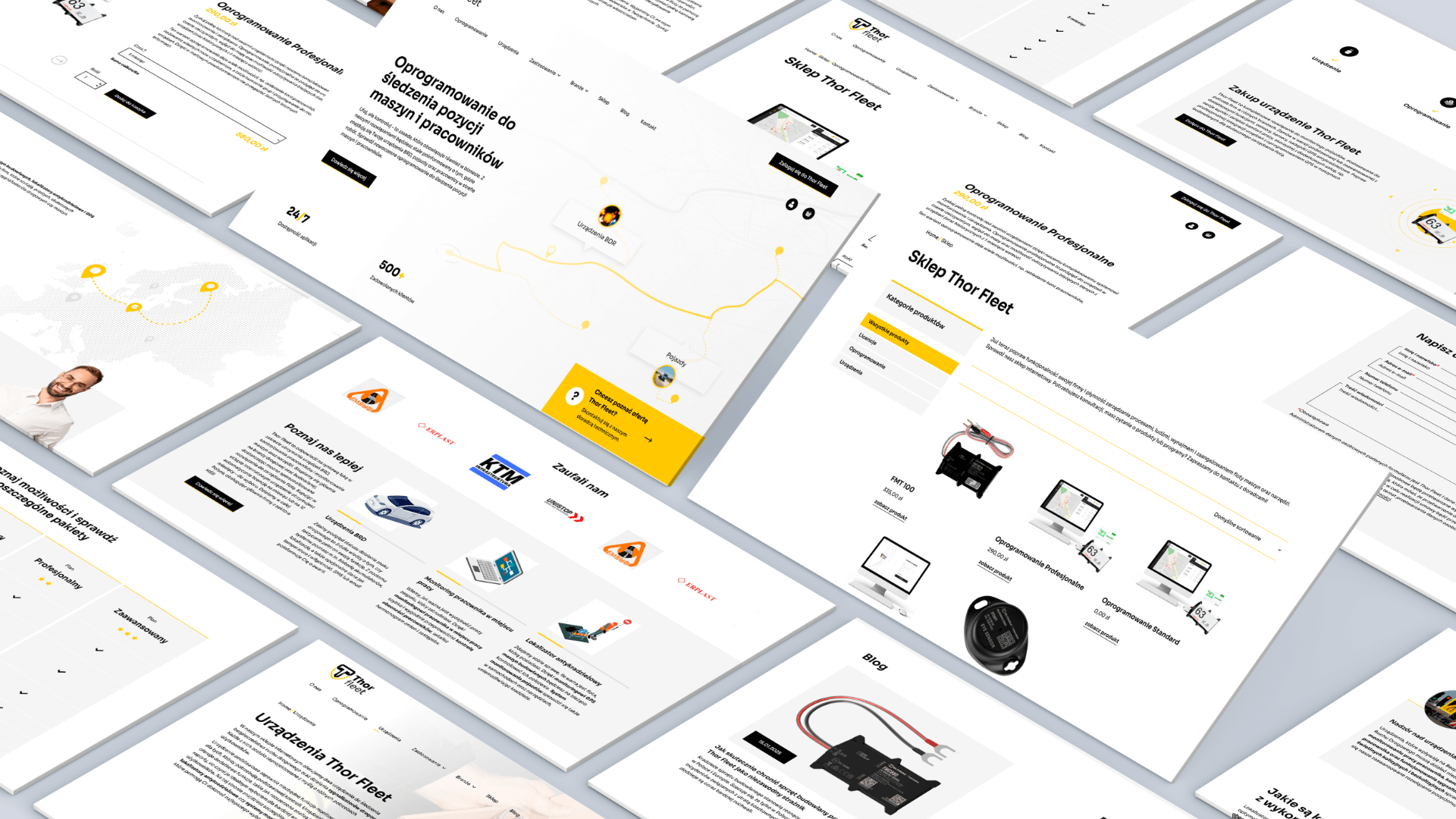 Projekt graficzny strony internetowej prezentującej oprogramowanie do monitoringu pojazdów i pracowników.