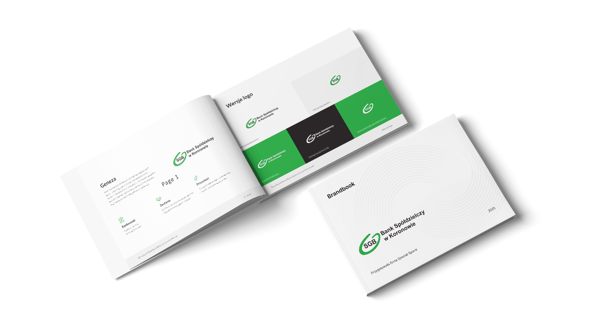 Dwa otwarte brandbooki Banku Spółdzielczego w Koronowie prezentujące logo i zasady identyfikacji.