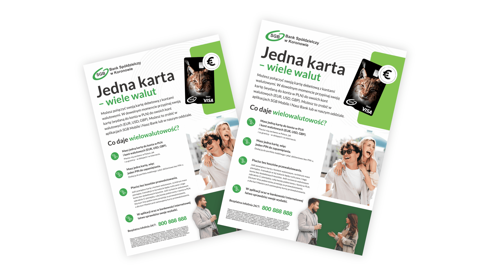 Dwie ulotki SGB reklamujące wielowalutową kartę Visa, z wizerunkiem rysia i uśmiechniętych ludzi.