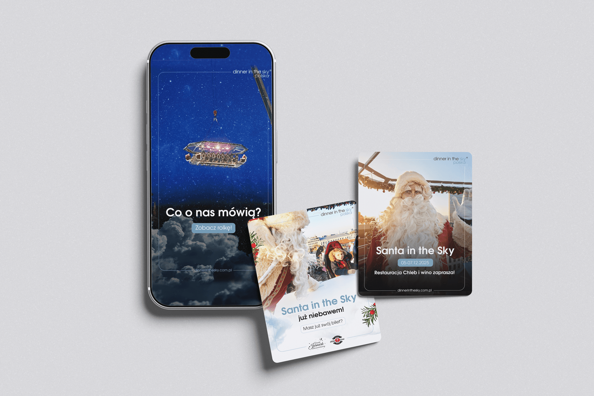 Na grafice reklamy „Santa in the Sky” z Mikołajem i wydarzeniem w restauracji zawieszonej w powietrzu.