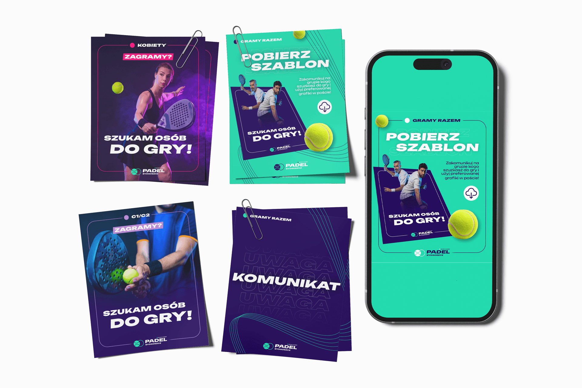 Plakaty i telefon z grafikami promującymi grę w padla, z hasłem „Szukam osób do gry!”.