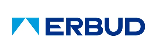 Logo firmy ERBUD z niebieskim symbolem graficznym na białym tle.