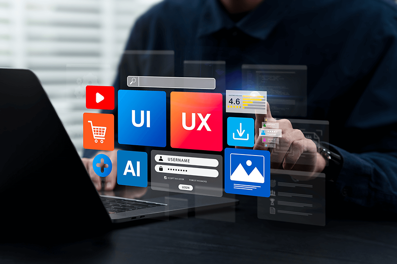 Osoba pracuje przy laptopie, korzystając z interfejsu UI/UX i ikon sztucznej inteligencji.