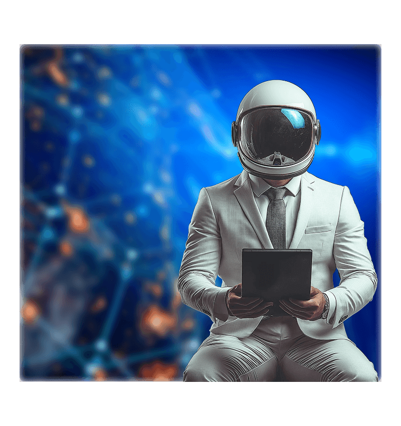 Mężczyzna w garniturze i kasku astronauty siedzi, trzymając tablet na tle kosmicznym.