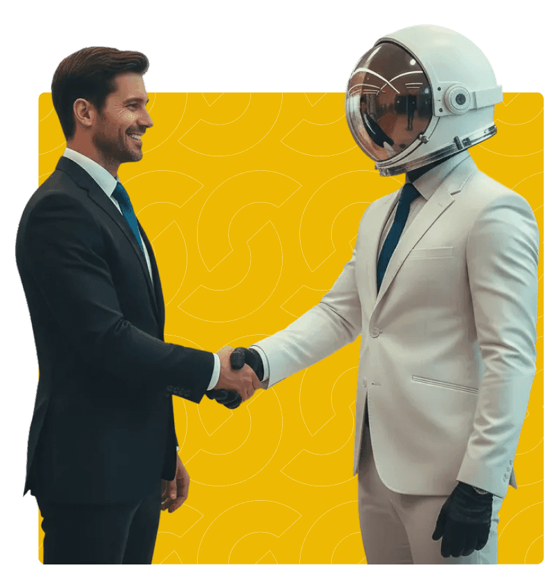Mężczyzna w garniturze podaje rękę osobie w garniturze i hełmie astronauty, na żółtym tle.