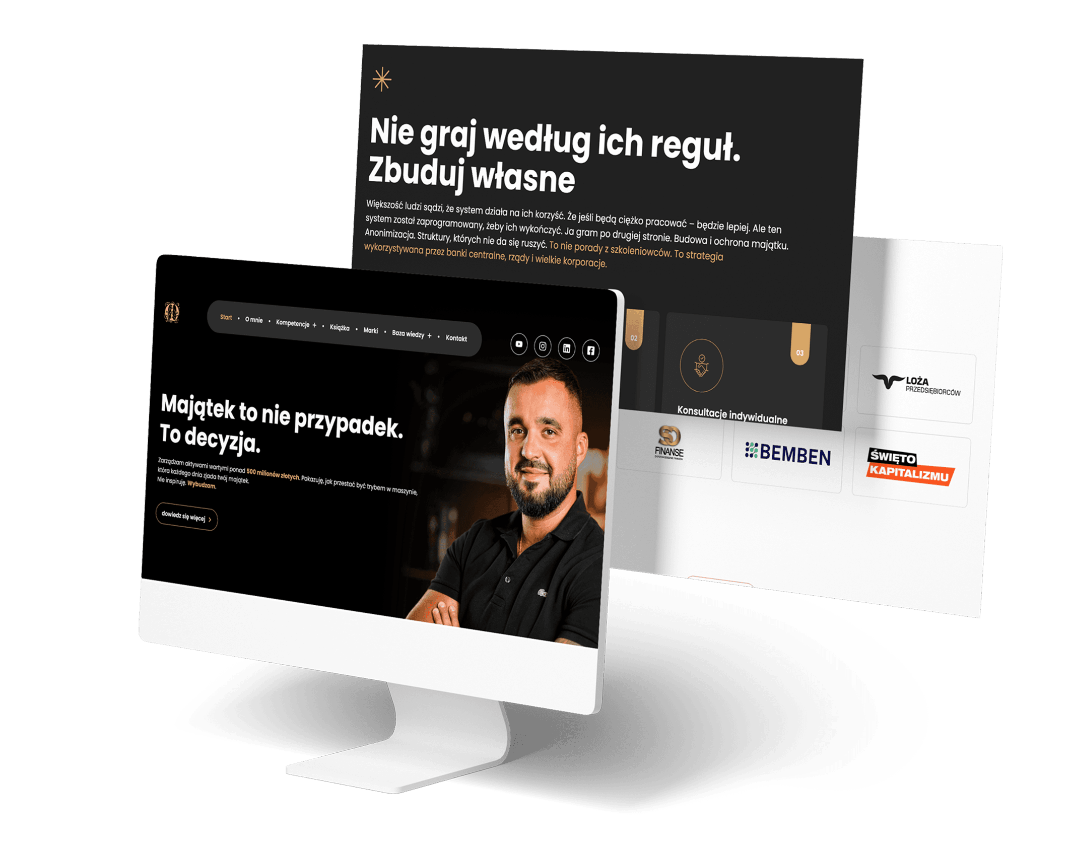 Strona internetowa z wizerunkiem mężczyzny i hasłami motywacyjnymi o budowaniu majątku.