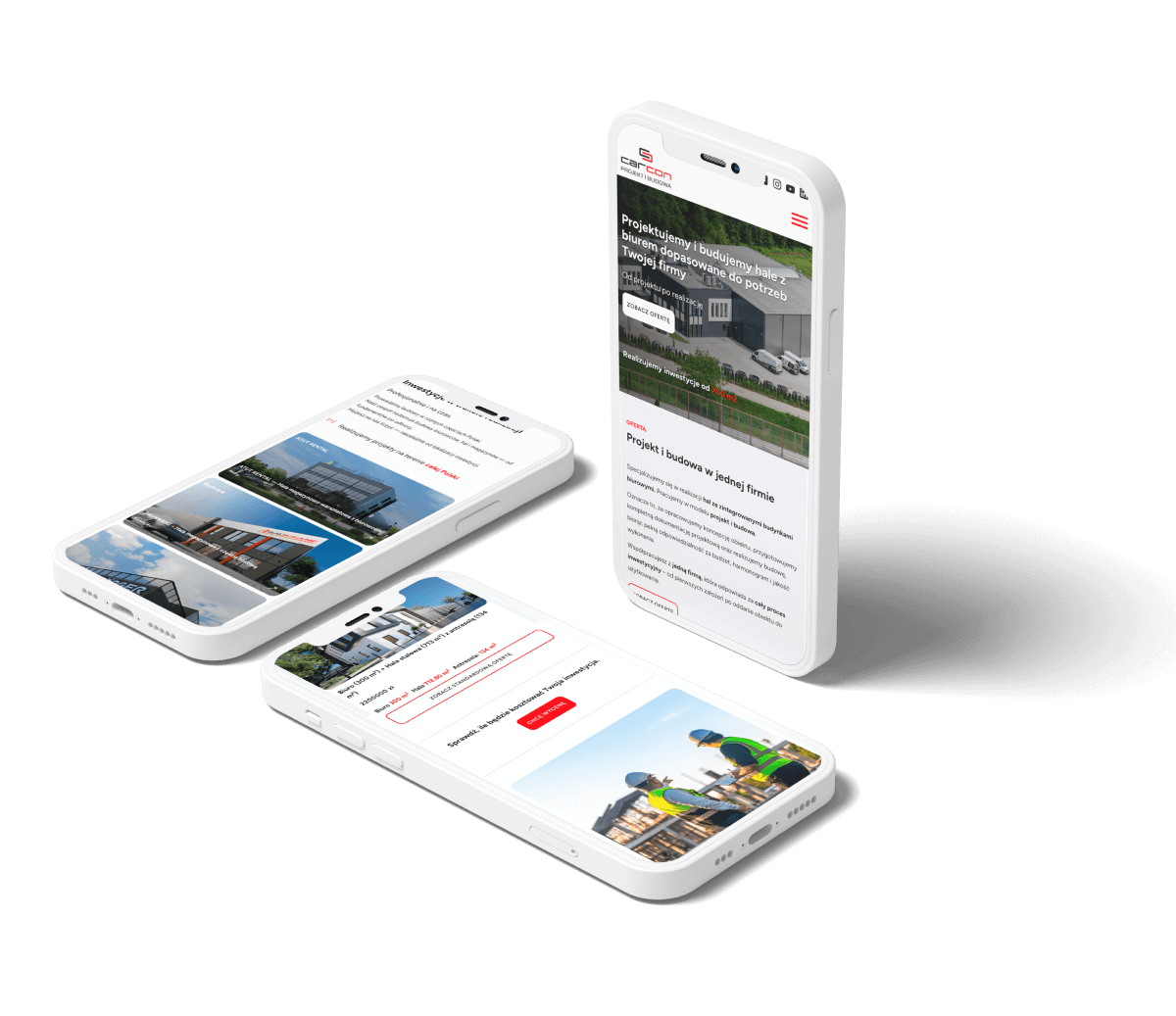Trzy smartfony z wyświetlonymi stronami internetowymi biura architektonicznego.