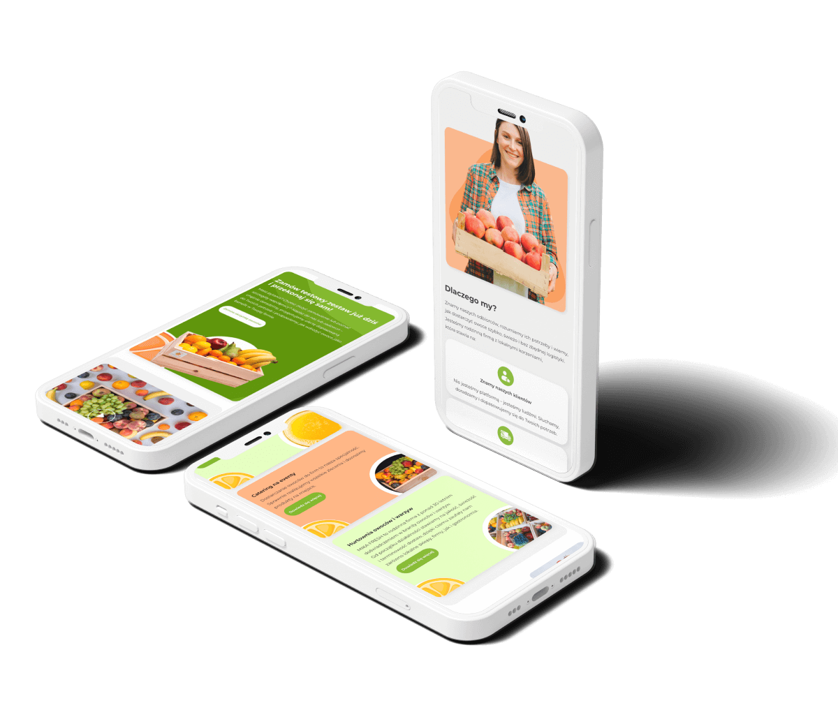 Trzy smartfony z aplikacją prezentującą ofertę świeżych owoców i warzyw oraz zdjęcia produktów.