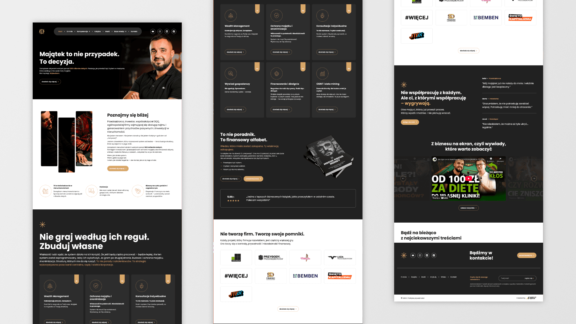Trzy widoki strony internetowej doradcy finansowego, z tekstem, zdjęciami i ofertą usług.